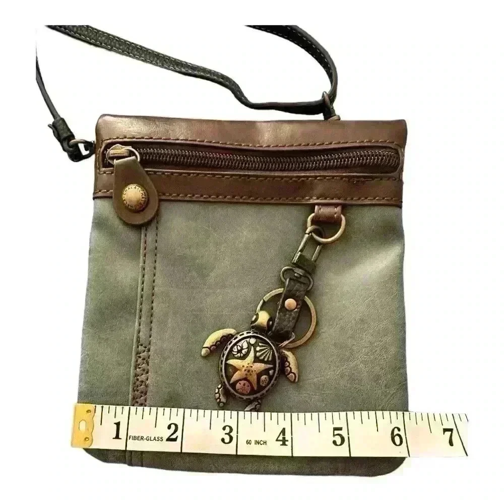 Chala Blue & Brown Vegan Leather Crossbody Bag with Sea Turtle Key Chain - Picture 8 of 9